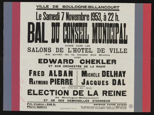 Bal du conseil municipal donné dans les salons de l'hôtel de ville au profit de la caisse des écoles avec Edward Chekler et son orchestre de la radio,