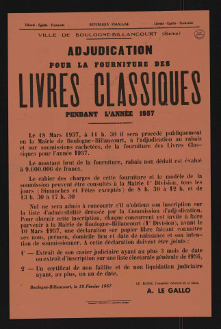 Adjudication pour la fourniture des livres classiques pendant l'année 1957,