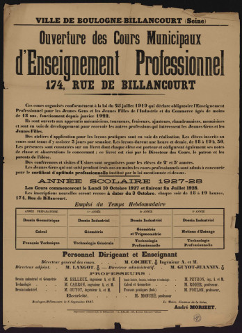 Ouverture des cours municipaux d'enseignement professionnel 174 rue de Billancourt,