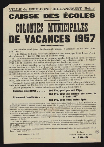 Caisse des écoles : colonies municipales de vacances,