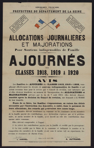 Allocations journalières et majorations pour soutiens indispensables de famille : ajournés des classes 1918, 1919 et 1920,