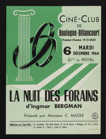 Ciné-Club de Boulogne-Billancourt, mardi 6 décembre 1960 : La Nuit des forains, d'Ingmar Bergman,