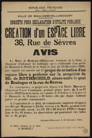 Création d'un espace libre 36 rue de Sèvres : avis [d'enquête pour déclaration d'utilité publique],