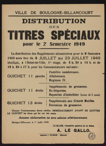 Distribution des titres spéciaux pour le 2e semestre 1949,