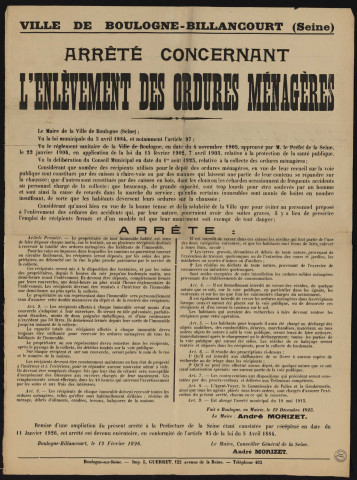 Arrêté concernant l'enlèvement des ordures ménagères,