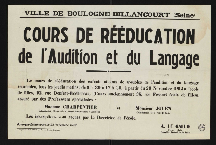 Cours de rééducation de l'audition et du langage,