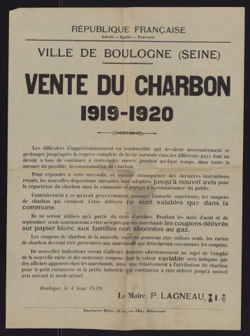 Vente du charbon 1919-1920,