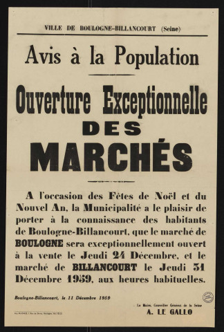 Avis à la population : ouverture exceptionnelle des marchés [à l'occasion des fêtes de Noël et du Nouvel An],