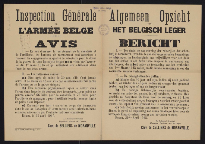 Inspection générale de l'armée belge : avis / Algemen opzicht van het belgisch leger : bericht, Affiche bilingue français-flamand.