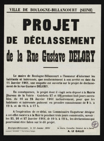 Projet de déclassement de la rue Gustave Delory,