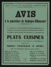 Avis à la population de Boulogne-Billancourt plats cuisinés [par le Comité d'action des restaurants communautaires],