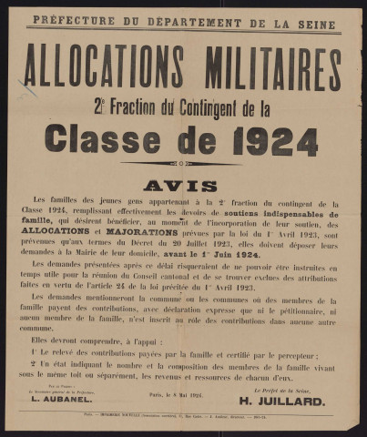 Allocations militaires : 2e fraction du contingent de la classe 1924,