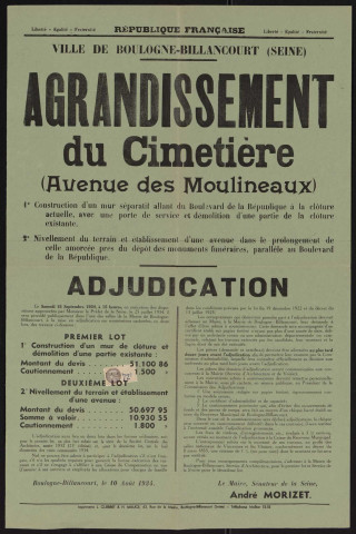 Agrandissement du cimetière (avenue des Moulineaux) : construction d'une partie des murs de clôture et de la morgue,