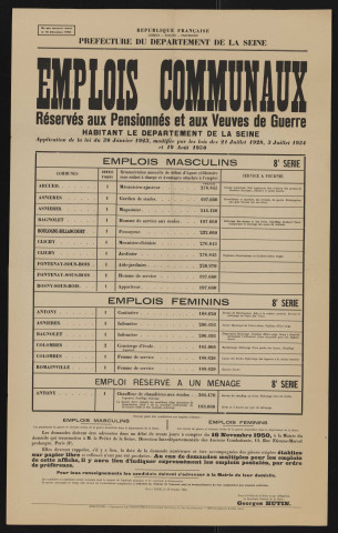 Emplois communaux réservés aux pensionnés et aux veuves de guerre habitant le département de la Seine, Recrutement à Boulogne-Billancourt d'un fossoyeur.