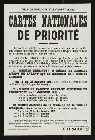 Cartes nationales de priorité [pour femmes enceintes et mères de famille],