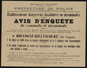 Avis d'enquête de commodo et incommodo : Ile Seguin, Société anonyme des Usines Renault : installation d'un dépôt de 9000 litres de liquides inflammables de la 1re catégorie avec transvasements ; d'un atelier d'application de vernis aux hydrocarbures sur un support non métallique (bois avec séchage à chaud.