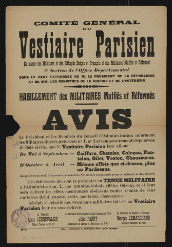 Habillement des militaires mutilés et réformés,