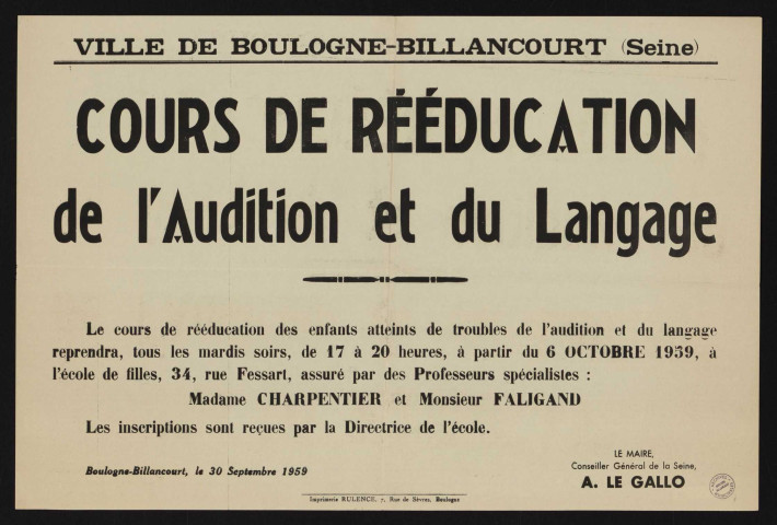 Cours de rééducation de l'audition et du langage,