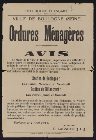 Ordures ménagères : avis [relatif au service d'enlèvement des ordures suite à la mobilisation],