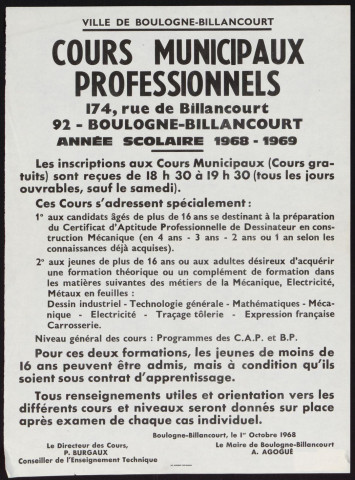 Cours municipaux professionnels, année scolaire 1968-1969 ,