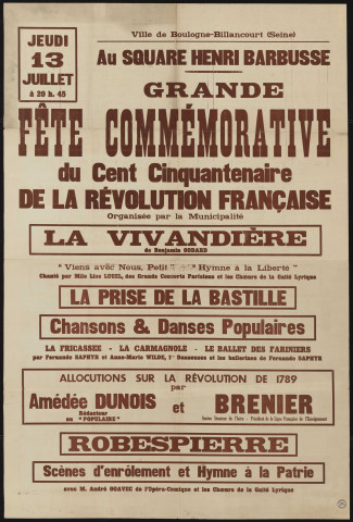 Grande fête commémorative du cent cinquantenaire de la Révolution française ,