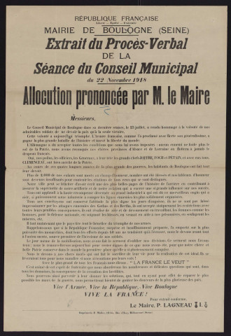 Extrait du procès-verbal de la séance du conseil municipal du 22 novembre 1918 : allocation prononcée par M. le Maire,