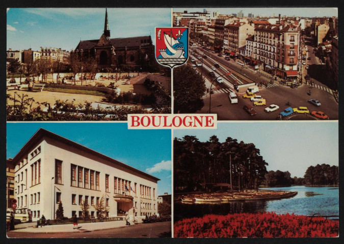 Boulogne - Le Square et l'Eglise, La Place Marcel Sembat, L'Hôtel de Ville, Le lac du Bois de Boulogne, Boulogne-Billancourt . - vues - 4 vignettes :en haut, à gauche : l'église Notre Dame de Boulogne et le square du Parchamp en haut, à droite: la place Marcel Sembat et le début de l'avenue Edouard Vaillant en bas, à gauche : façade principale de l'Hôtel de Ville prise de biais en bas, à droite : le lac du bois de Boulogne