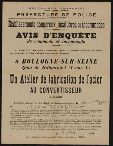 Avis d'enquête de commodo et incommodo : quai de Boulogne (usine L), Société anonyme des Usines Renault : installation d'un atelier de fabrication de l'acier au convertisseur