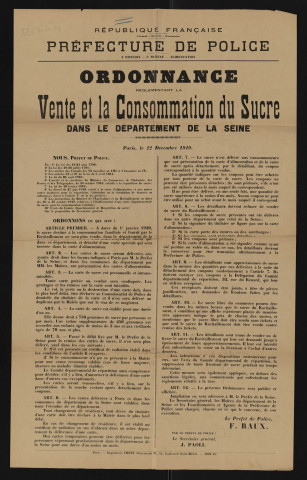 Ordonnance réglementant la vente et la consommation du sucre dans le département de la Seine,