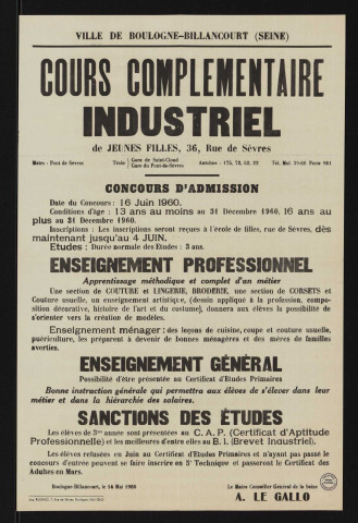 Cours complémentaire industriel de jeunes filles, 36 rue de Sèvres : concours d'admission,