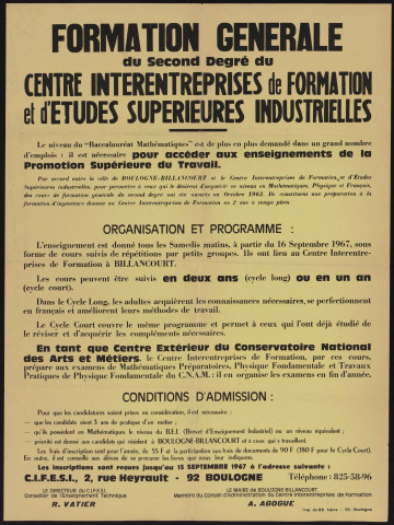 Formation générale du second degré du Centre interentreprises de formation et d'études supérieures industrielles,