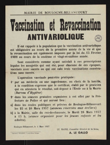 Vaccination et revaccination antivariolique,