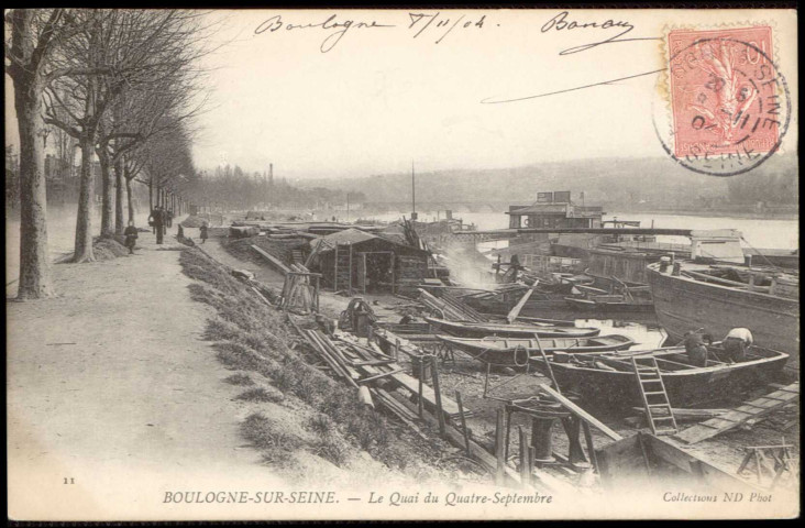 Boulogne-sur-Seine - Le Quai du Quatre-Septembre, Boulogne-Billancourt . quai du Quatre Septembre . - perspective sur le quai et la SeineA gauche, le quai du Quatre Septembre, à droite, la Seine avec au premier plan des péniches et un atelier