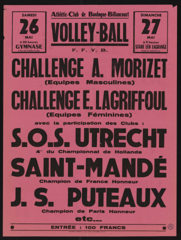 Volley-ball : challenge A. Morizet, challenge E. Lagriffoul : SOS Utrecht, Saint-Mandé [et] JS Puteaux,