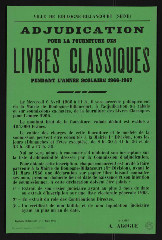 Adjudication pour la fourniture des livres classiques pendant l'année scolaire 1966-1967,