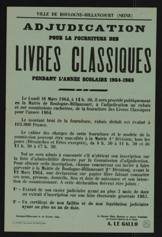 Adjudication pour la fourniture des livres classiques pendant l'année scolaire 1964-1965,