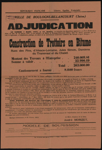 Adjudication [de la] construction de trottoirs en bitume rue des Pins, d'Alsace-Lorraine, Jules-Simon, Damiens, du Transvaal et du Chalet,