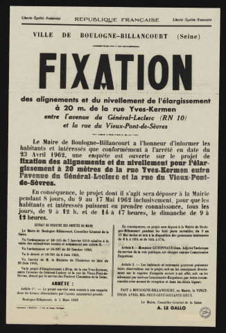 Fixation des alignements et du nivellement de l'élargissement à 20 m. de la rue Yves-Kermen entre l'avenue du Général-Leclerc (RN 10) et la rue du Vieux-Pont-de-Sèvres,