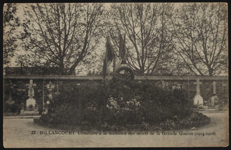 27 - Billancourt - Cimetière à la mémoire des morts de la Grande Guerre (1914-1918), Boulogne-Billancourt . avenue Pierre Grenier . - Cimetière Pierre Grenier, mémorialMémorial en l'honneur des morts de la 1ere guerre mondiale