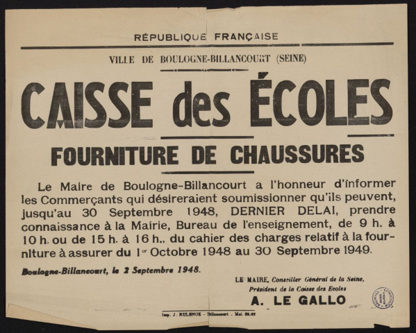 Caisse des écoles : fourniture de chaussures,