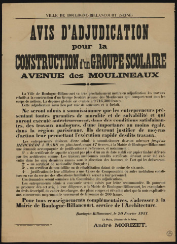 Avis d'adjudication pour la construction d'un groupe scolaire rue des Moulineaux,