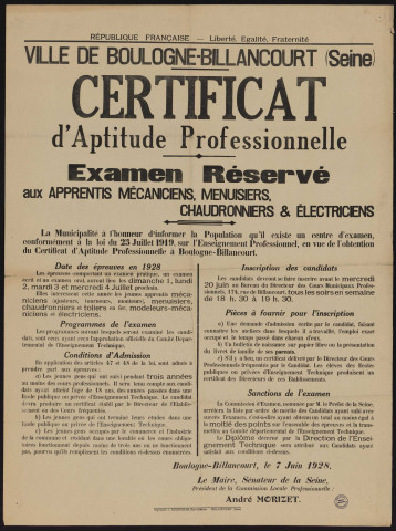 Certificat d'aptitude professionnelle : examen réservé aux apprentis mécaniciens, menuisiers, chaudronniers et électriciens,