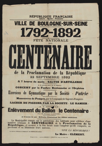 1792-1892 : fête nationale du centenaire de la proclamation de la République,