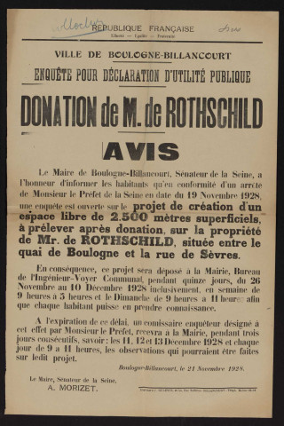 Donation de M. de Rothschild : enquête pour déclaration d'utilité publique,