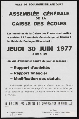 Assemblée générale de la caisse des écoles,