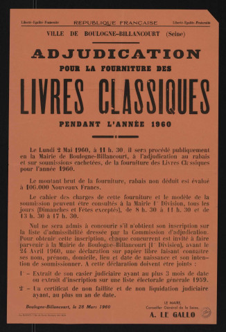 Adjudication pour la fourniture des livres classiques pendant l'année 1960,