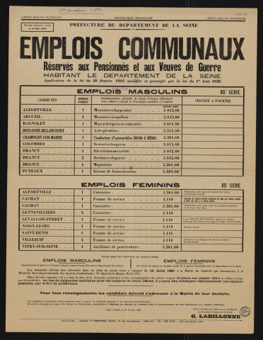 Emplois communaux réservés aux pensionnés et aux veuves de guerre habitant le département de la Seine, Recrutement à Boulogne-Billancourt d'un aide-plombier.