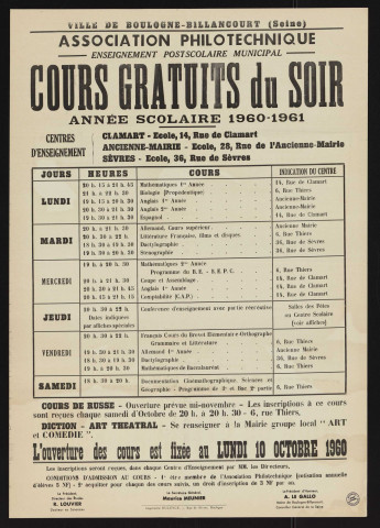 Association philotechnique : cours gratuits du soir, [horaires et lieux des cours pour l'] année scolaire 1960-1961,