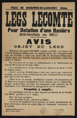 Legs Lecomte pour dotation d'une rosière : attribution en 1950,