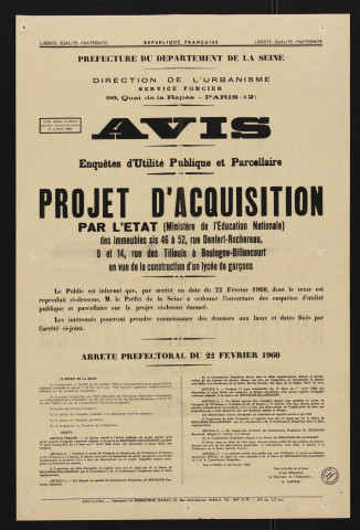 Projet d'acquisition par l'Etat (ministère de l'Education nationale) des immeubles sis 46 à 52 rue Denfert-Rochereau, 8 et 14 rue des Tilleuls à Boulogne-Billancourt en vue de la construction d'un lycée de garçons,